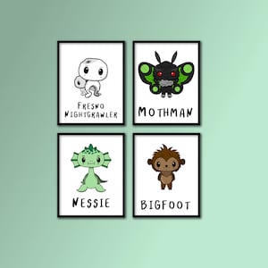 Little Believer Collection 4 pack - Digital Download set - Bigfoot, Nessie, Mothman, Fresno Nightcrawler - Nursery wall art decor cryptid