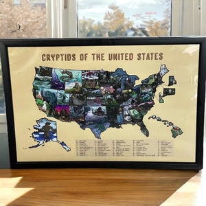 Cryptids of the United States Map (with a legend) - 24x36 glossy print - cryptid wall art | bigfoot | mothman | cryptozoology | Poster