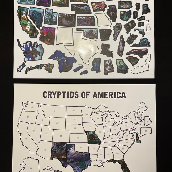 Cryptid Sticker Map of the United States - 18x24 print - cryptid wall art | bigfoot | mothman | cryptozoology | Poster