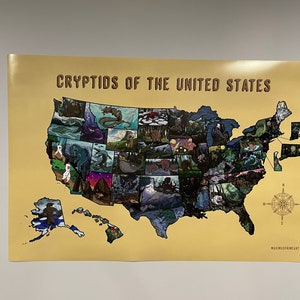 Cryptids of the United States Map - 24x36 glossy print - cryptid wall art | bigfoot | mothman | cryptozoology | Poster