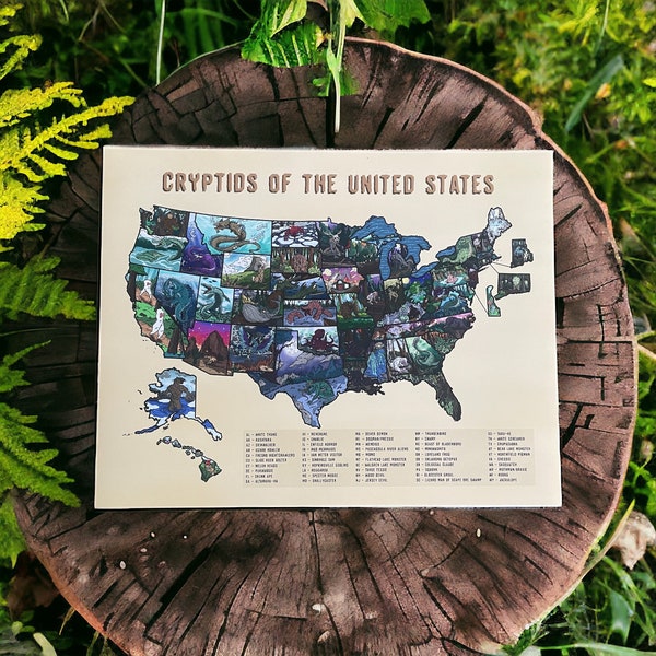 Mapa de críptidos de Estados Unidos (con leyenda): póster reposicionable de 11 x 14 y 16 x 20, arte mural de críptidos, Pie Grande y Hombre Polilla.