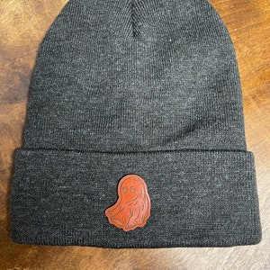 Leather Patch Ghost Beanie | Cuffed Knit Beanie Slouchy | Unisex Classic Winter Hat - Limited Edition