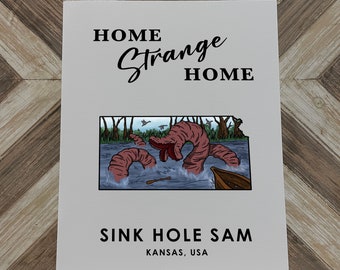 Kansas Fine Art Print: Map of Kansas featuring Sink Hole Sam- Cryptid State Art 8x10 and 11x14 Prints