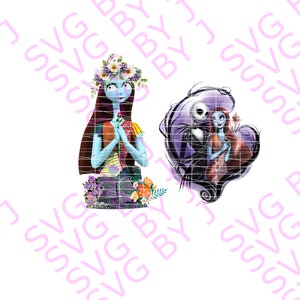 May include: A digital illustration of two characters from the movie The Nightmare Before Christmas.  Sally, a rag doll with a floral crown, is holding a rose.  Jack Skellington, the Pumpkin King, is holding Sally's hand.  The background is a dark purple with a swirl pattern.