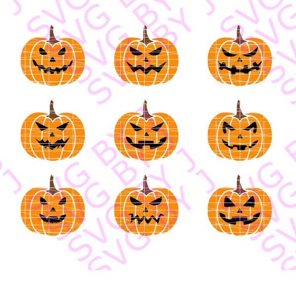 Layered 9 Halloween Pumpkin bundle Jack O Lantern Faces Svg, Dxf, Png, Cameo, Cricut, DPI 500, Sublimation Graphics, waterslide