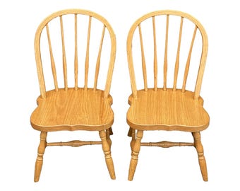 Vintage American Made Traditional Solid Oak Child's Size Bowback Windsor Chairs - a Pair