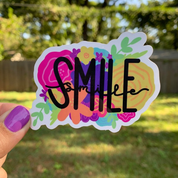 Waterproof, vinyl, dishwasher safe, water bottle, laptop, tablet, car, floral Smile Sticker