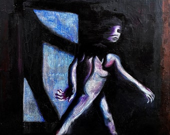 Puede incluir: Una pintura de una mujer en un entorno oscuro, con un fondo azul y blanco. La mujer está desnuda y tiene el pelo largo y oscuro. La pintura está realizada en un estilo realista.
