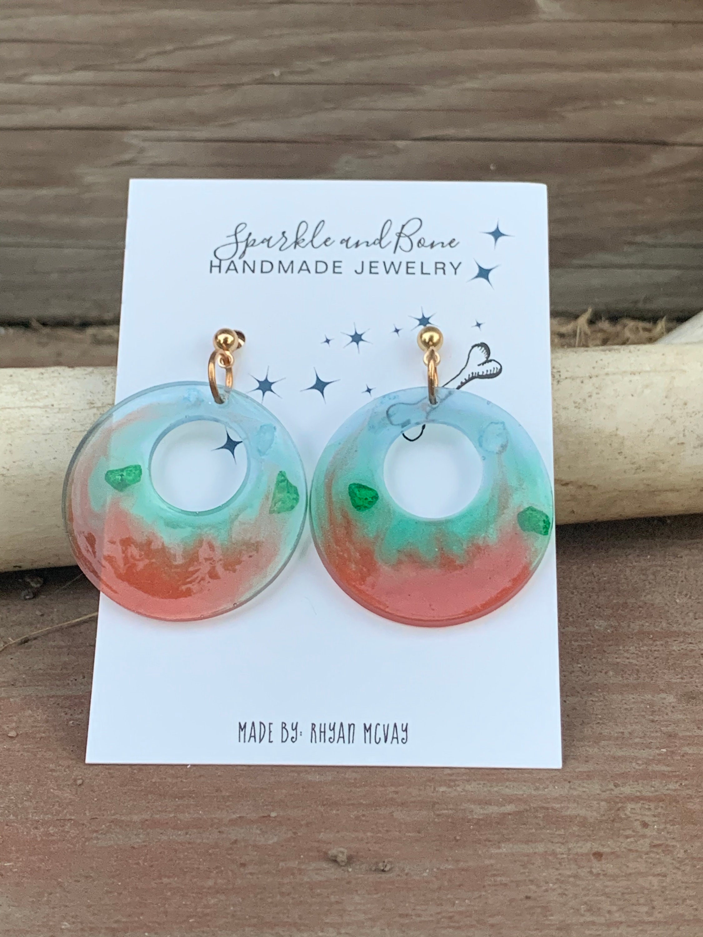 UV resin earrings with mica powder green and blue glass and Etsy