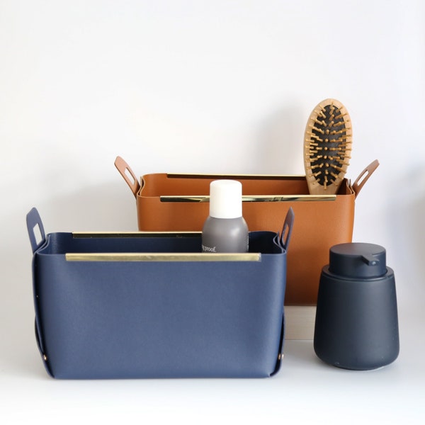 Faux Leather Storage Basket with Metal Edge, Desk Cabinet Shelf Organizer, Makeup Tool Toy Storage Bin
