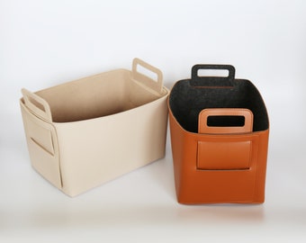 Large Faux Leather & Felt Storage Basket, Foldable Storage Bin, Closet Bathroom Bedroom Organizer, Cloth Linen Toy Storage