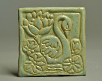 6x6 Tile in Sage Green Matte-Swan Motif- Arts and Crafts inspired