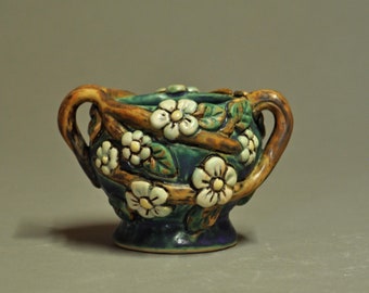 Small Vase With Modeled Leaves and Fruit Blossoms-Blue-Green Matte Glaze-Arts And Crafts Inspired