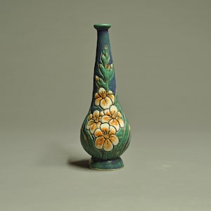 Tall Vase With Carved Flowers And Leaves-Blue-Green Matte Glaze-Arts And Crafts Inspired