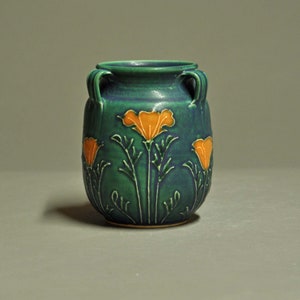 3-Handle Round Vase - Blue-Green Matte - California Poppy Slip Pattern