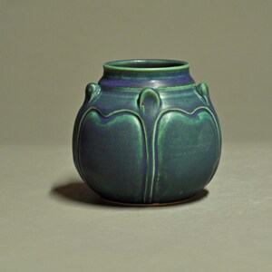 Blue-Green Matte Round Vase- With Carved & Applied Craftsman Inspired Design - Arts and Crafts Inspired