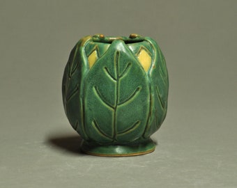 Vase With Modeled Leaves and Buds-Vintage Green Matte Glaze-Arts And Crafts Inspired