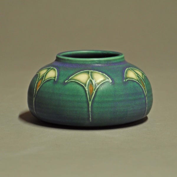 Small Vase- Blue-green Art Deco Slip Trailed Design  - Arts and Crafts Inspired