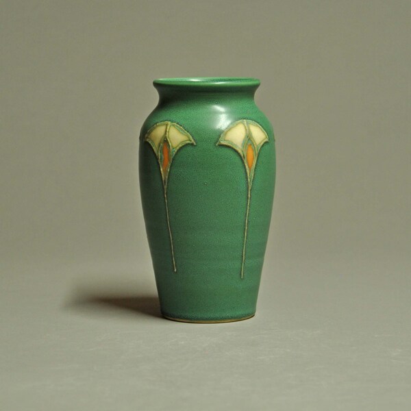 Small Vase- Vintage Green Matte Art Deco Slip Trailed Design  - Arts and Crafts Inspired
