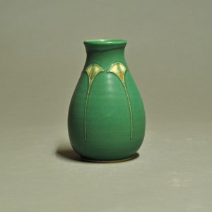 Small Vase- Vintage Green Matte Art Deco Slip Trailed Design  - Arts and Crafts Inspired