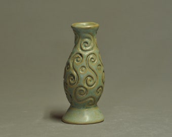 Mini Vase-Carved Spiral Pattern-Sage Green Glaze--Arts And Crafts Inspired