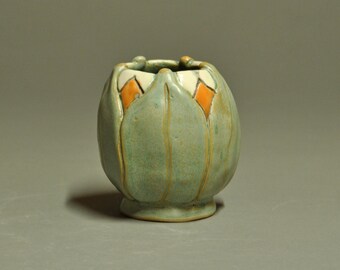 Vase With Modeled Leaves,Sage Green Matte Glaze-Arts And Crafts Inspired