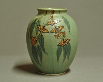 Large Round Vase -Butterfly Grove Pattern In Sage Green Matte- Trailed Slip Craftsman Inspired Design
