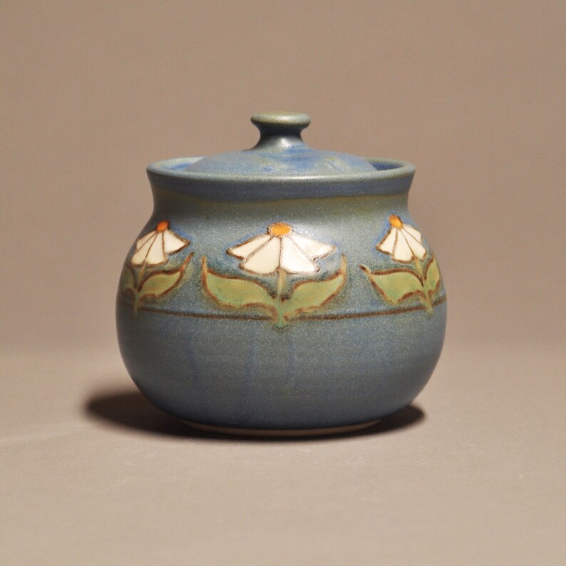Arts and Crafts Inspired Covered Jar-Daisy Design in Blue Matte Glaze