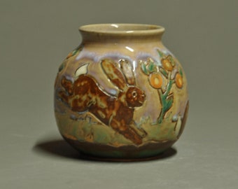 Rabbit Motif Carved Vase in Beige  and Multi-Color Glaze-Arts And Crafts Inspired