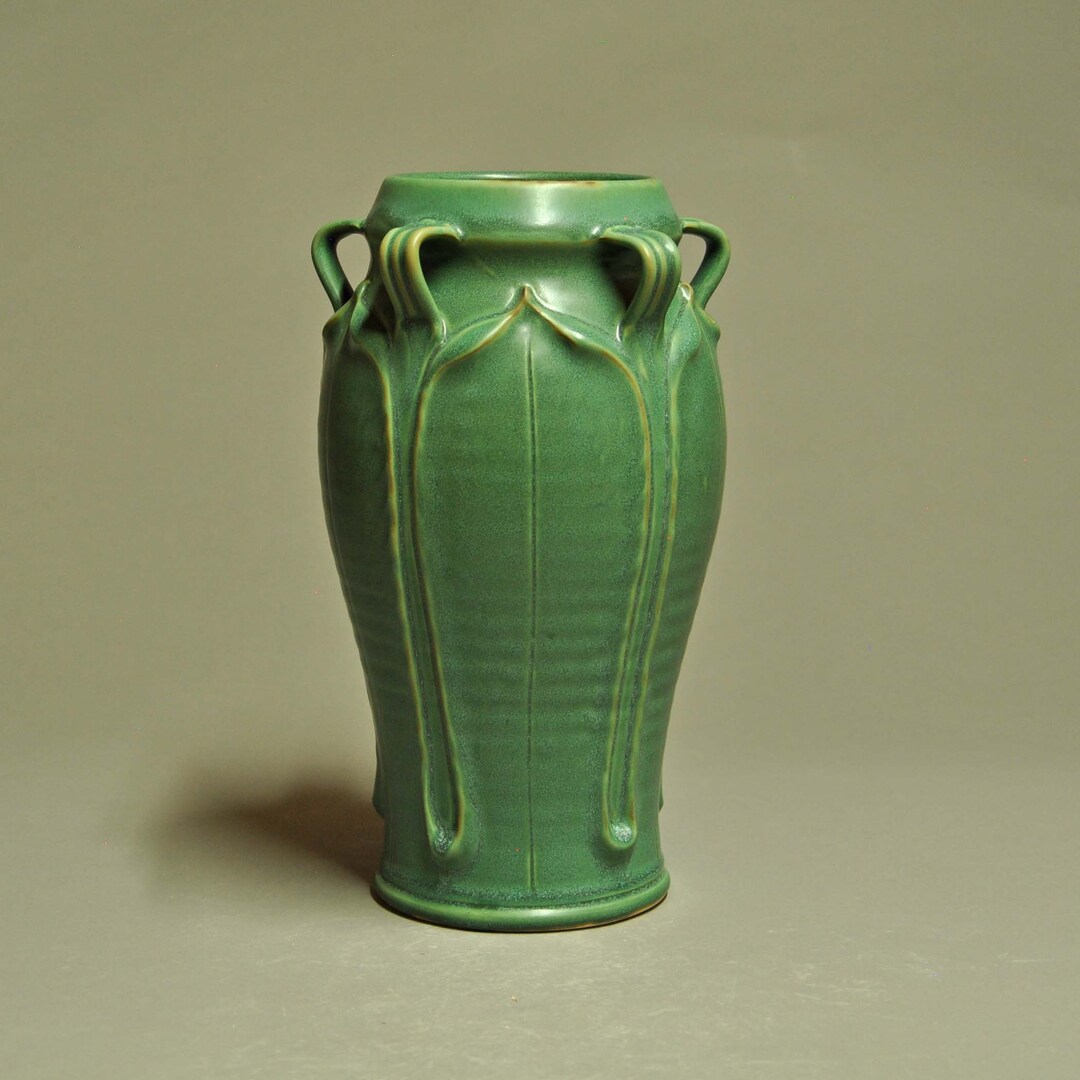 Large Vintage Green Matte 5 Handle Vase Modeled Leaf Design-arts and ...