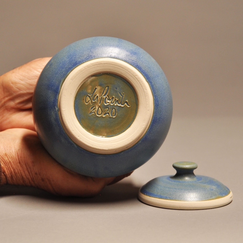 Arts and Crafts Inspired Covered Jar-Daisy Design in Blue Matte Glaze
