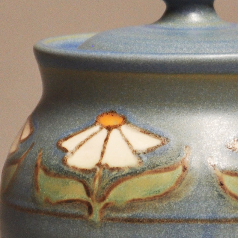 Arts and Crafts Inspired Covered Jar-Daisy Design in Blue Matte Glaze