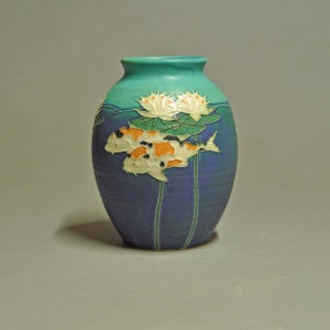 Large Round Vase- With Koi trailed slip design in Blue-Green and Turquoise Matte- Arts and Crafts Inspired