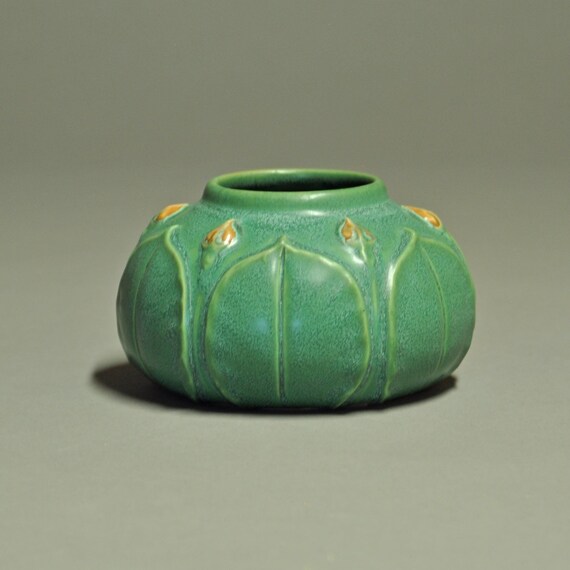 Vintage Green Matte Round Vase With Modeled Leaves & Buds Etsy