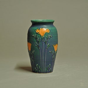 Vase- Blue-green Matte - Art Nouveau California Poppy Design