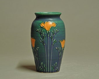 Vase- Blue-green Matte - Art Nouveau California Poppy Design