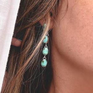 May include: Dangling earrings with three oval, turquoise-colored stones. The stones are suspended from a silver-colored metal chain. The earrings are worn on the ear of a person with long, brown hair.