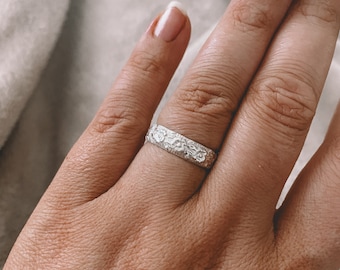 Aliança de casamento com gravação floral em prata esterlina, anel simples feito por nativos americanos