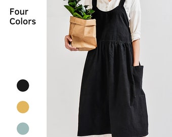 Women Linen Art Aprons / linen cotton cross back apron / Kitchenwear apron with pockets / loose pinafore dress