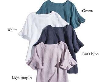 New Products / Linen shirt/ short sleeve / fashion literary round neck lotus leaf cuff jumper