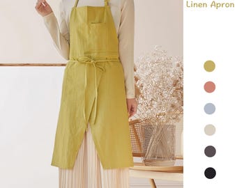 Women Linen Art Aprons / linen cotton cross back apron / Kitchenwear apron with pockets / loose pinafore dress