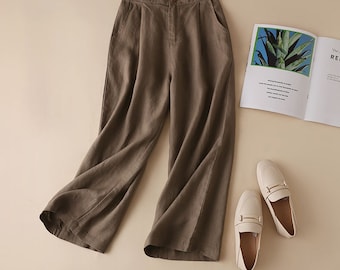 P【Special offer】 Loose linen pants, Washed women linen trousers, Slightly tapered linen pants, Coffee/Size L