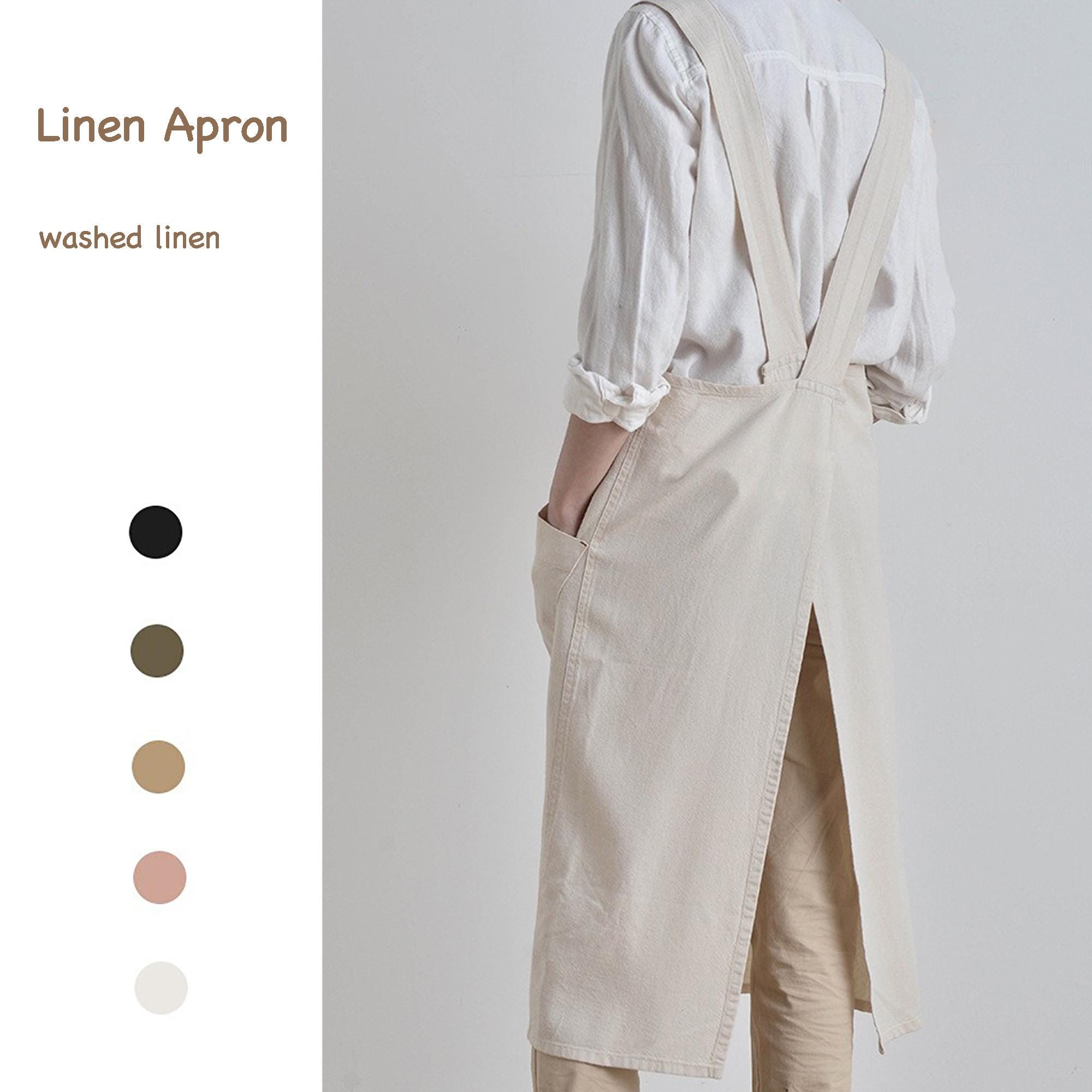 Women Linen Art Aprons / linen cotton cross back apron / Kitchenwear apron with pockets / loose pinafore dress