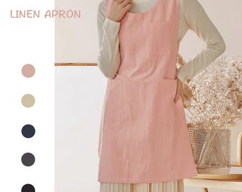 Women Linen Art Aprons / linen cotton cross back apron / Kitchenwear apron with pockets / loose pinafore dress