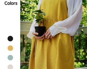 Women Linen Art Aprons / linen cotton cross back apron / Kitchenwear apron with pockets / loose pinafore dress