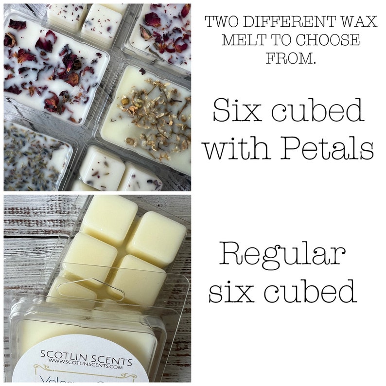 Op de afbeelding: Twee verschillende wax melts, een met zes gecubede wax melts met bloemblaadjes en een met zes gewone gecubede wax melts. De wax melts zitten in doorzichtige plastic containers. De tekst op de container luidt "SCOTLIN SCENTS WWW.SCOTLINSCENTS.COM".