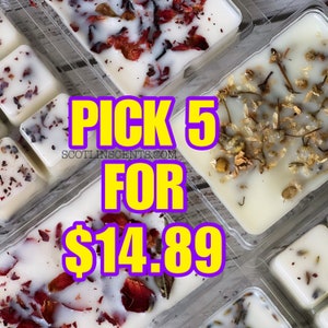 May include: A close-up of six wax melts in clear plastic containers. The wax melts are white and have dried flowers and herbs embedded in them. The text "PICK 5 FOR $14.89" is superimposed on the image.