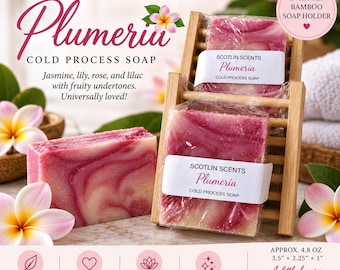 Plumeria | Handmade Cold Process Soap Bar | Plant Based Oils | Artisan Small Batch Soap | Includes Bamboo Soap Holder