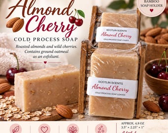 Almond Cherry | Handmade Cold Process Soap Bar | Plant Based Oils | Artisan Small Batch Soap | Includes Bamboo Soap Holder