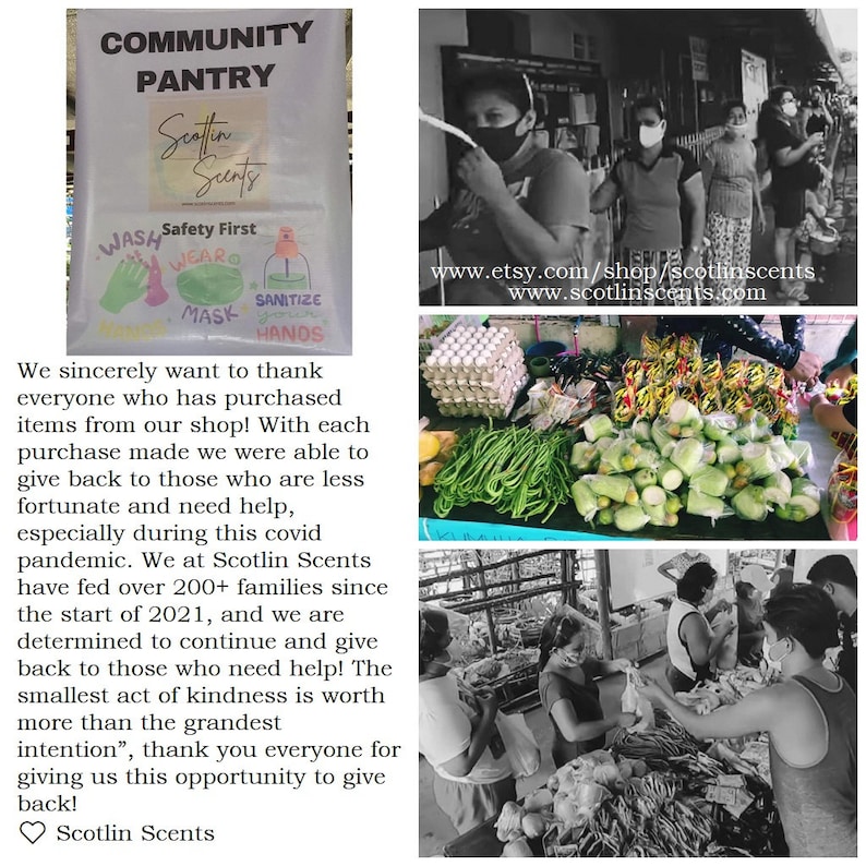 May include: A black and white photo of a community pantry with a sign that reads "Community Pantry Scotlin Scents" and a safety first message. The sign is next to a table full of fresh produce and eggs. The photo also shows people in the background wearing masks and giving out food.